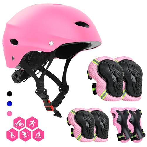 FAYITING Knieschoner Kinder Set 7-in-1, Schoner Inliner Kinder, Knie- und Ellenbogenschützer, Fahrradhelm, Skaterhelm, Skihelm, Protektoren Set, Rosa M