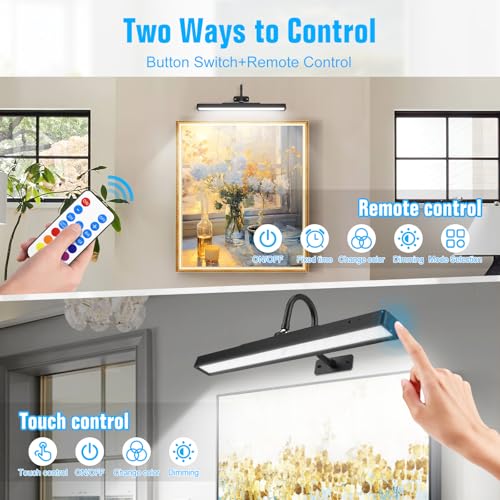 Image of Magnetic Picture Light for Wall Rechargeable Battery Operated, LED Painting Lights with Remote Dimmable and Timer, 3 Color Temps 9 RGB, 16in Art Dispaly Light for Gallery, Dashboard, Artwork