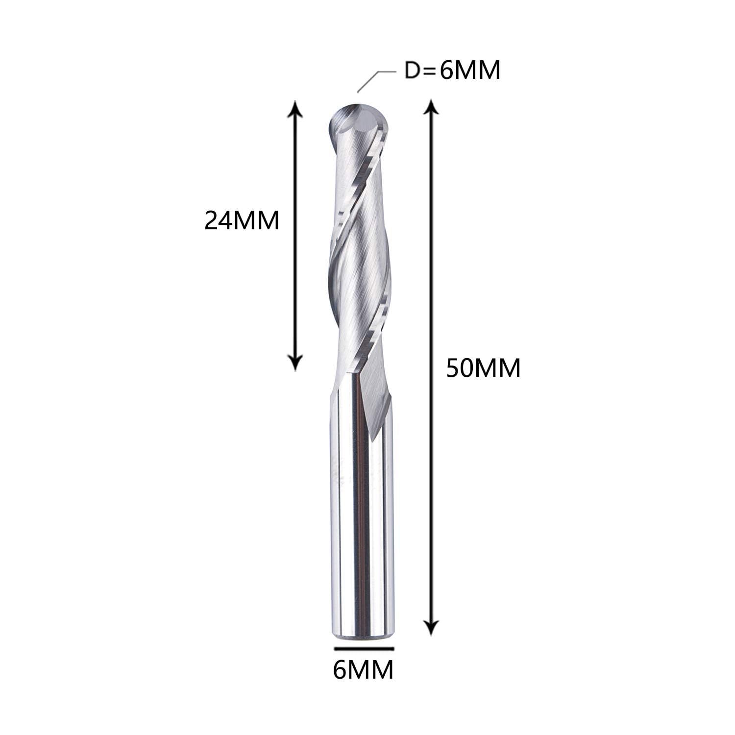 SpeTool Fresa con punta a sfera 6mm Diametro di taglio 6mm Gambo 24mm Lunghezza di taglio Doppio flauto Fresa in metallo duro integrale per incisione su intaglio per la lavorazione del legno fai da te