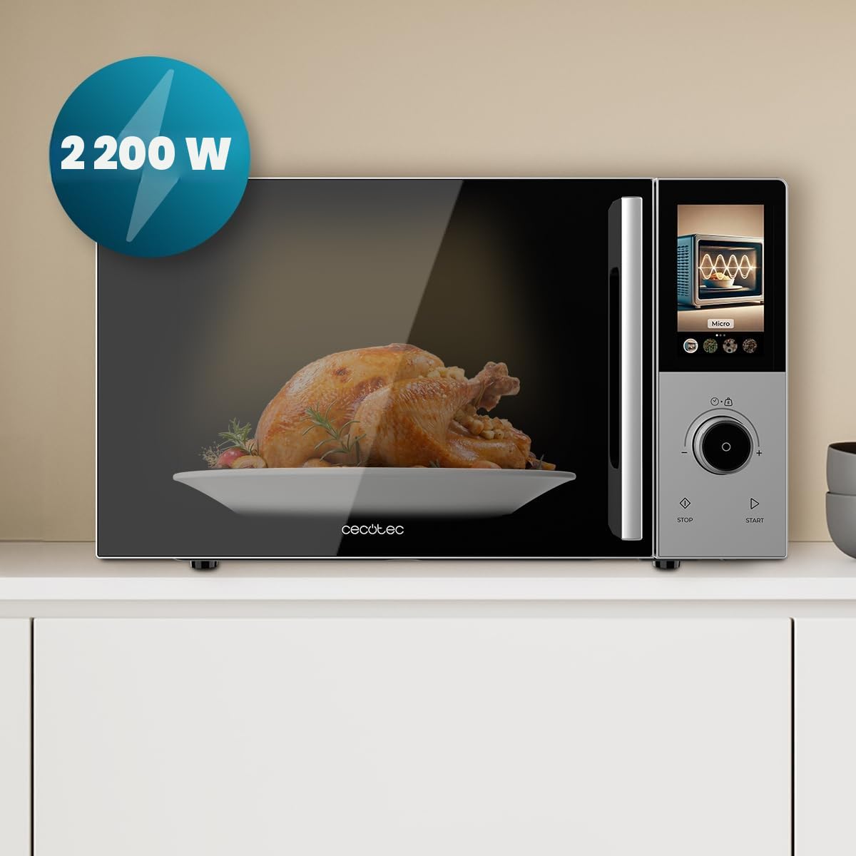 Cecotec Micro-ondes Numérique Tactile avec Gril 25 L Convection 2500 Touch. 900 W, Gril 1200 W, Contrôle Tactile, Convection 2200 W, 8 Programmes, Minuterie 60 min, Plateau Rotatif 315 mm