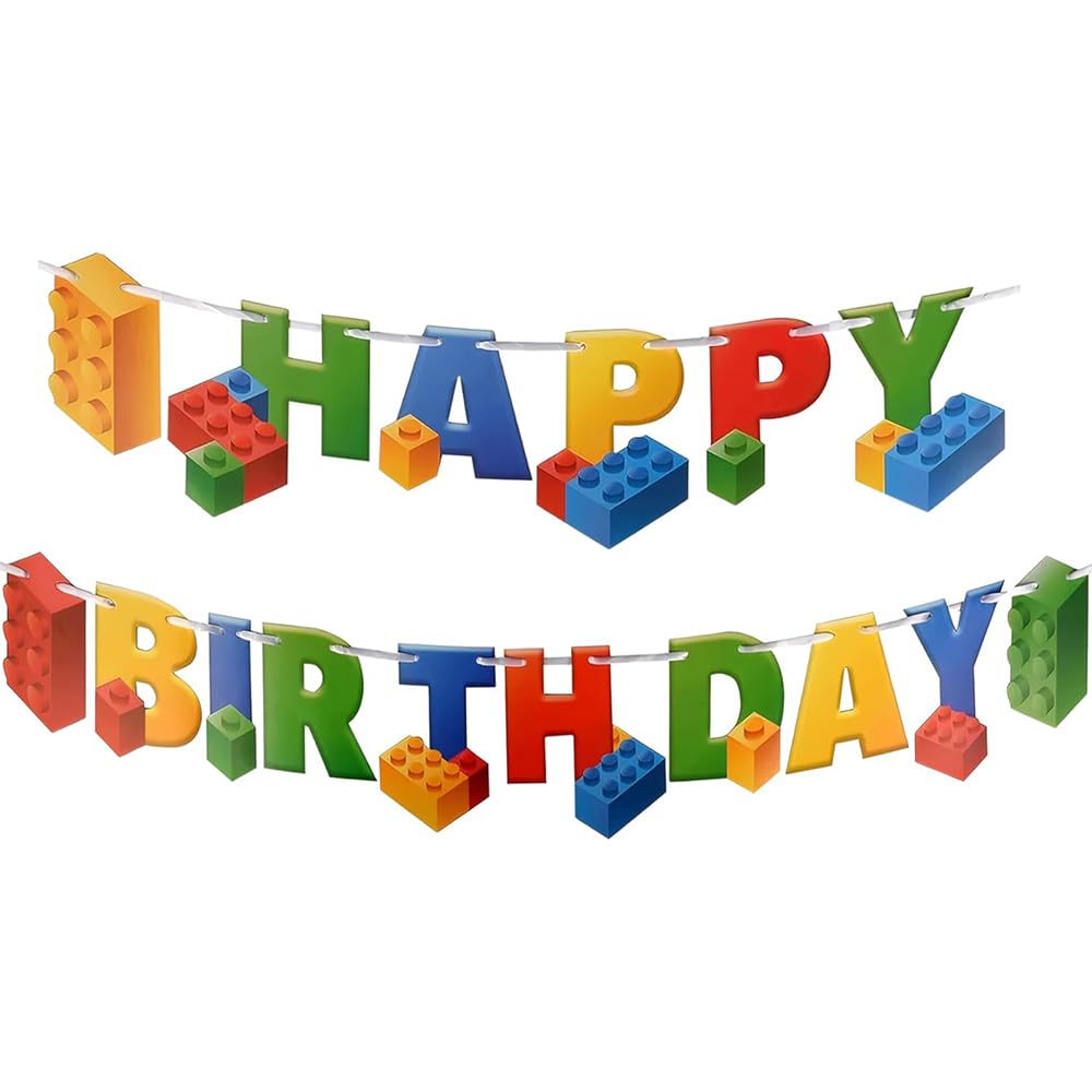 Building Blocks Birthday Decorations, Cute Brick Themed Happy Birthday Banner, Boy Girl Funny Party Supplies