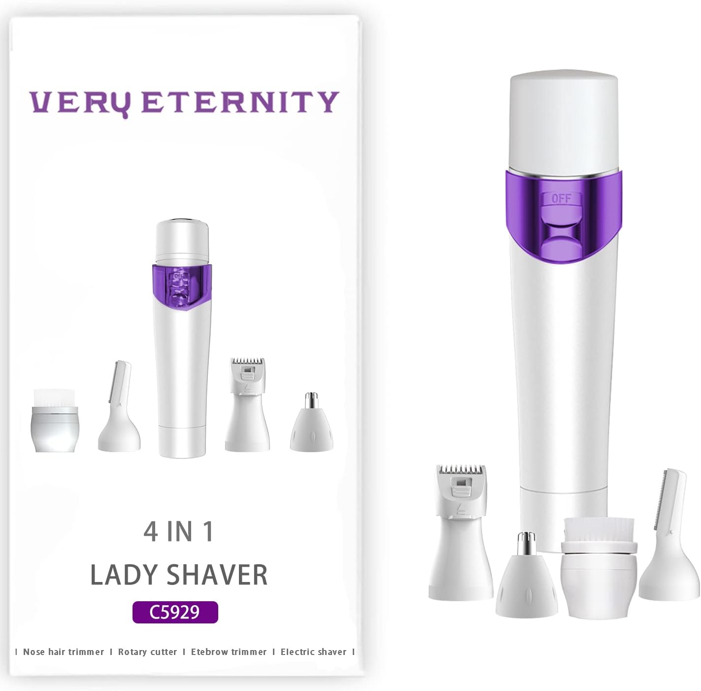 Women Hair Trimmer, 4 in 1 USB Rechargeable Ladies Remover for Body, Nose, Ear, and Eyebrow, Face, Bikini Line, Cordless Electric Shaver for Home and Travel Purple