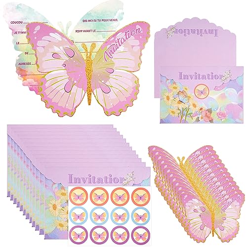 Svalor 12 Pièces Cartes D'Invitation Papillon, avec 12 Enveloppes, et Auto-adhésif Autocollant, Cartes D'invitation de Fête en Français, pour Anniversaires, Pour Fêtes D'anniversaire