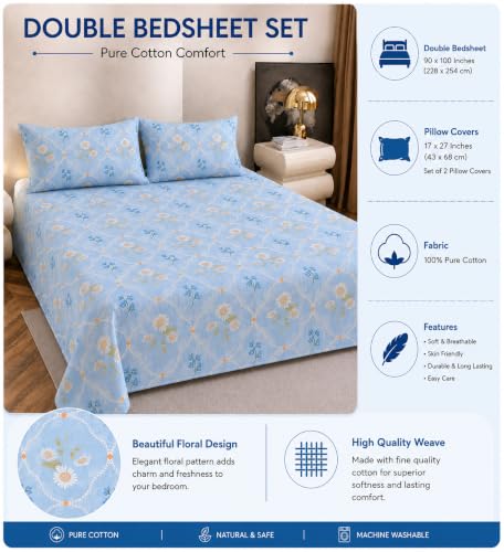 Image of Amazon Brand - Umi King Cotton Bedsheet 90x100 Inches with 2 Pillow Covers | Soft 160 TC Pure Cotton | Beautiful Elegant Design Double Bed Sheet