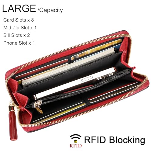 KWBQZGA Genuine Leather Wallets for Women Designer Floral Wristlet Wallet Ladies Clutch Purse with Tassel (20098 Purple)4