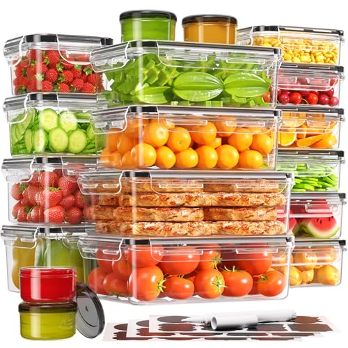 KEMETHY 36-Piece Food Storage Containers with Lids(18 Container & 18 Lid), Plastic Food Containers for Pantry & Kitchen Storage and Organization, BPA-Free, Leak Proof, Reusable with Labels & Pen