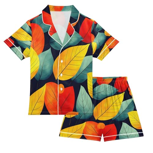senya Pajama Sets Silky Button Down Nightwear Sleepwear Size 5-14 Years Yellow Green Red Leaves
