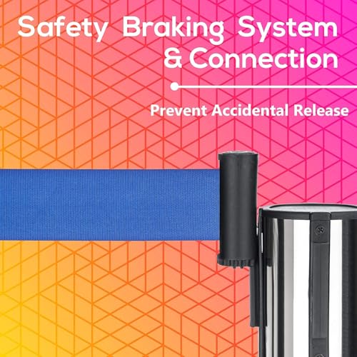 Image of DuraSteel Chrome Crowd Control Barriers Stanchions with Retractable Belts - Metal Stanchion Posts w / 6.5ft Blue Retractable Barrier Belt Ropes - Queue VIP Safety Line Dividers - Set of 2 Stantions