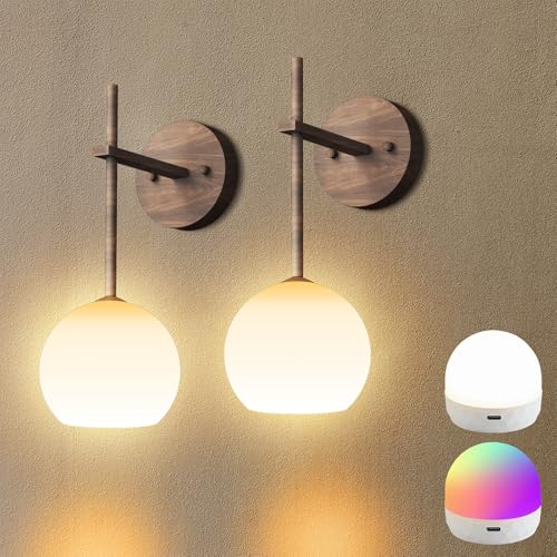 Image of Walnut Grain Battery Operated Wall Sconces Set of 2, Rechargeable Wireless Wall Lights with Milky White Frosted Glass, 12 RGB and 3CCT Dimmable, Wall Lamps with Remote for Bedroom Living Room Hallway