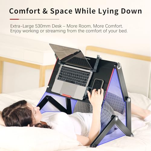 Image of Foldable Laying Down Desk - Adjustable Height, Flat on Back Use | Lying Down Laptop Stand for Bed, Sofa & Bedroom(Large,Black)