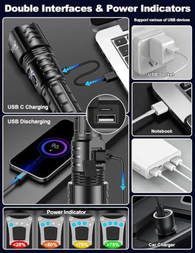 Image of PHIXTON Rechargeable Flashlights High Lumens 100000 Super Bright Long Range 3280FT, Long Lasting 15H Powerful USB C LED Strong Flash Light High Powered, Heavy Duty, Zoomable, for Home Camping Gift