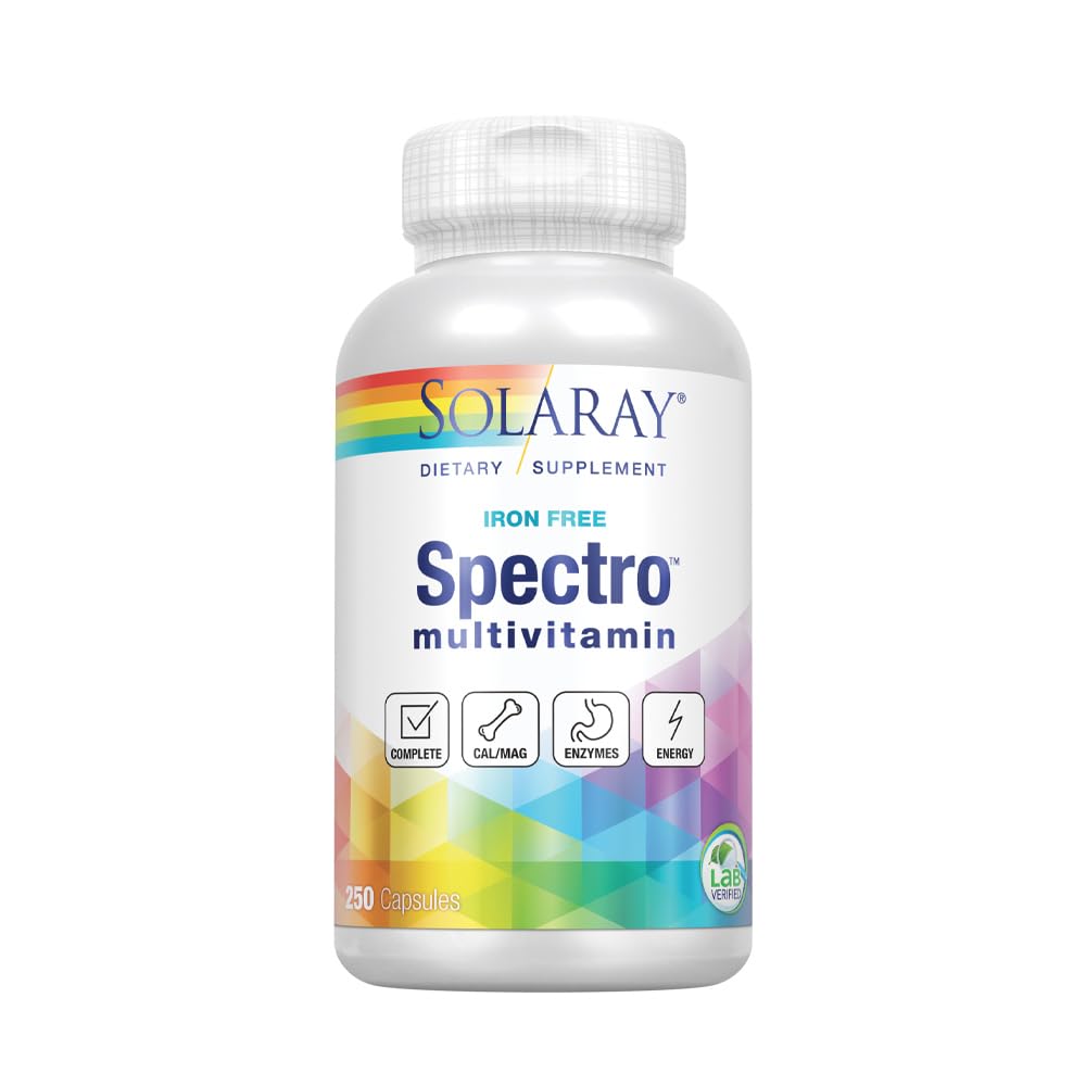 SOLARAY Spectro Multivitamin, Iron Free - Multi Vitamin w/Calcium, Magnesium, Energizing Greens, Digestive Enzymes - Digestion, Cellular Energy, Bone Health, Immune Support, 41 Servings, 250 Capsules