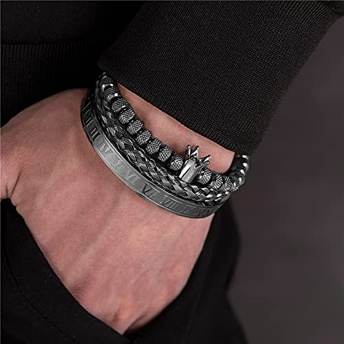 Aiduomirzer Luxury Roman Royal Crown Charm Men's Bracelet Stainless Steel Black Geometry Pulseiras Men Open Adjustable Bracelets Couple Jewelry Gift #TOP2