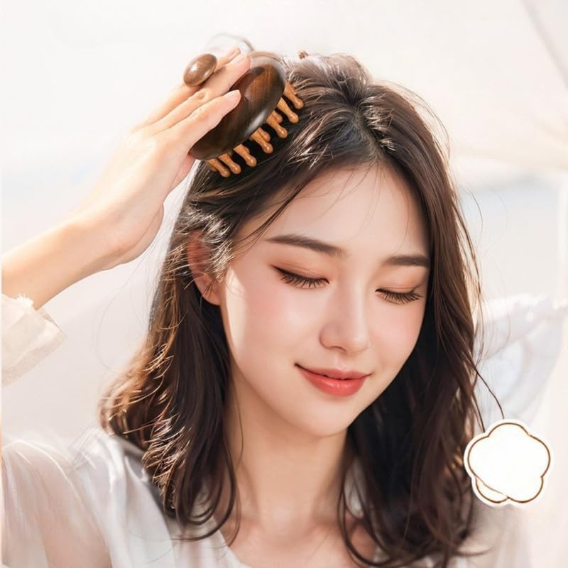 Image of Scalp Massager Brush with Wooden Nodes - Head Massage Tool for Hair Growth, Dandruff Relief, Stress Relaxation & Blood Circulation | Manual Portable Head Massager for Men & Women (Brown-Round)