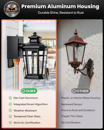 Image of Gleamz Large Dusk to Dawn Outdoor Lighting with GFCI Outlet, Black Exterior Lighting Fixtures, Outdoor Porch Lights Wall Mount for Garage, Patio, Coach, 100% Aluminum Anti-Rust Waterproof