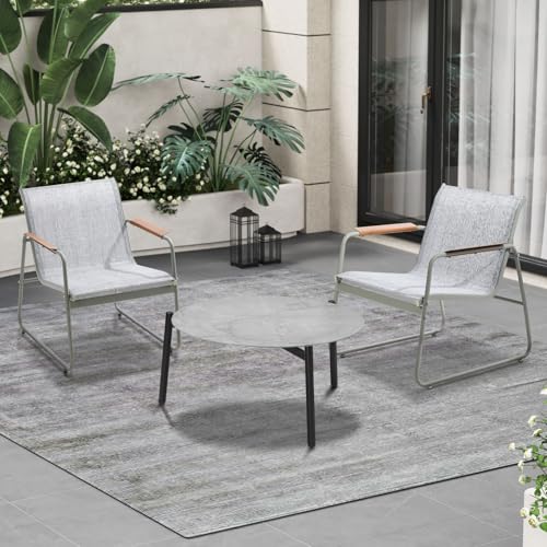 LI LIVSIP 3PCS Outdoor Bistro Set, 70cm Round Glass Coffee Table w/Metal Legs, 2PCS Textilene Armchairs with Inclined Backrest, Patio Furniture Set for Garden, Balcony, Backyard, White and Grey