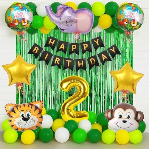 Image of Rozi Decoration Jungle Safari Birthday Party Decoration Set, 46 Pieces with Happy Birthday Banner, Tiger Elephant Monkey Foil Balloons, Green Yellow White Latex Balloons, Foil Curtain