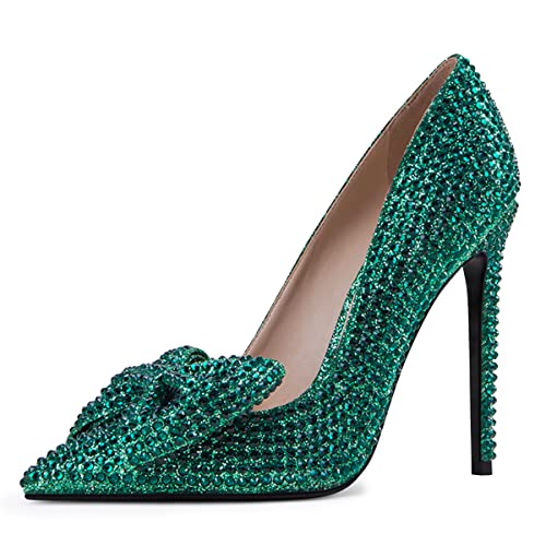 FSJ Women Fashion Pointed Toe Glitter Rhinestone High Heel Wedding Pump Sexy Slip On Stiletto Party Sparkly Prom Dress Shoe with Cute Bowknot Size 4-15 US2
