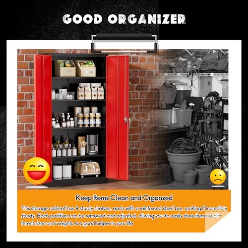 Image of Greenvelly Metal Storage Cabinet with Doors and Adjustable Shelves,72 inch Black Red Locking Steel Garage Cabinet with Lock, Metal Tool Cabinets for Garage,Home Office,School
