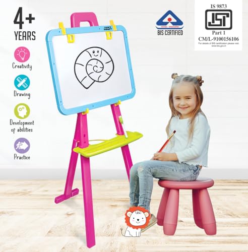 Image of Amazon Brand - Jam & Honey Easel Board I 5 in 1 Easel I Black and White Board with Chalk, Marker and Duster I with Stand|Education Toy for 3+ Year Kids (Magenta & Sky Blue)