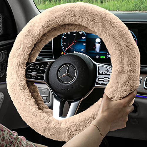 Image of FH Group Universal Fit Doe16 Faux Rabbit Fur Cozy Steering Wheel Cover fits Most Cars, SUVs, Trucks, and Vans, Ultimate Protection Beige