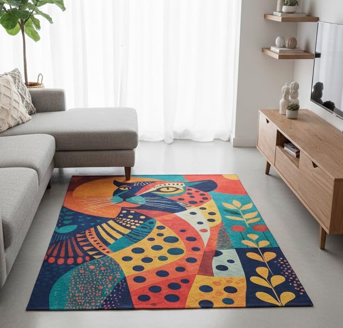 Image of Cotton Bolls Textiles Rugs for Living Room 5x7 Feet Large Size | Lightweight Foldable Carpet for Bedroom & Hall | Easy to Handle During Daily Cleaning | Travel Friendly Printed Rug | Leopard