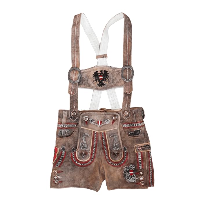 Hoamatkult Kinder Lederhose – Österreich Adler, Vintage Braun, aus Echtleder mit Patina, handgefertigt, bequemer Schnitt – trachtig & kultig für kleine Entdecker (86 - mit Träger)
