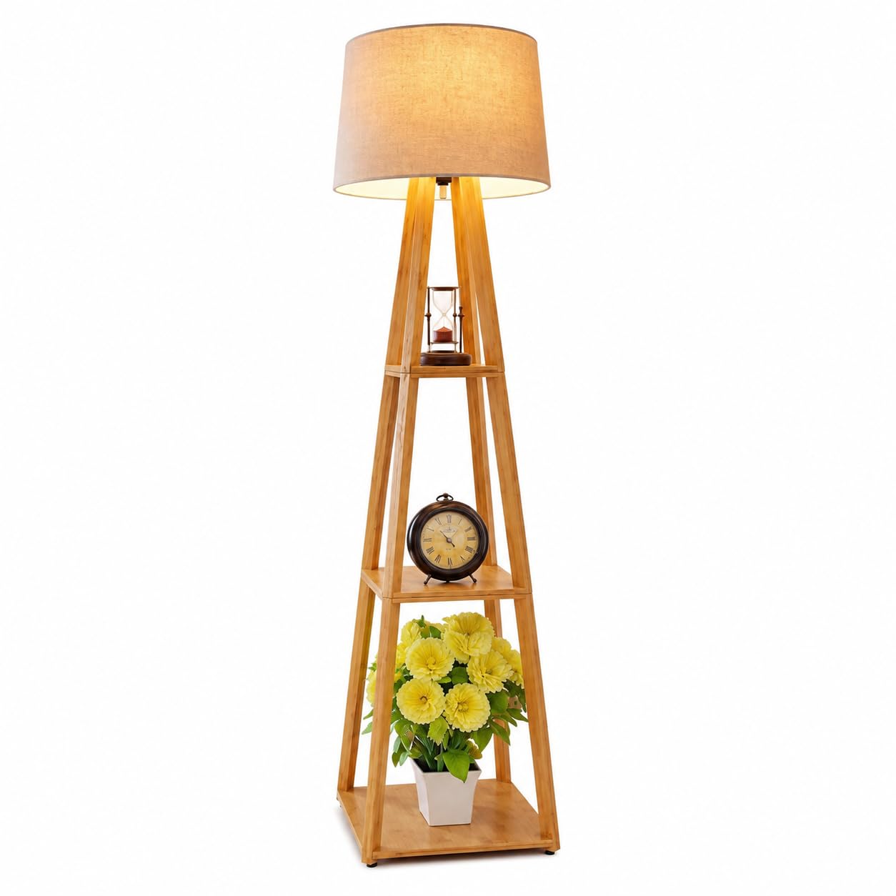 Floor Lamp with Wooden Shelf, Tripod Stand, Linen Shade, Living Room Standing Light-image-37