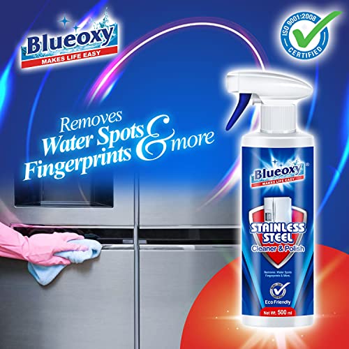 Image of BLUEOXY Stainless Steel Cleaner and Polish | Stainless Steel Magic | Removes Fingerprints | Water Marks and Grease from Appliances Refrigerators | Ecological Formulation | 500 ML | RTU Spray | QTY 2