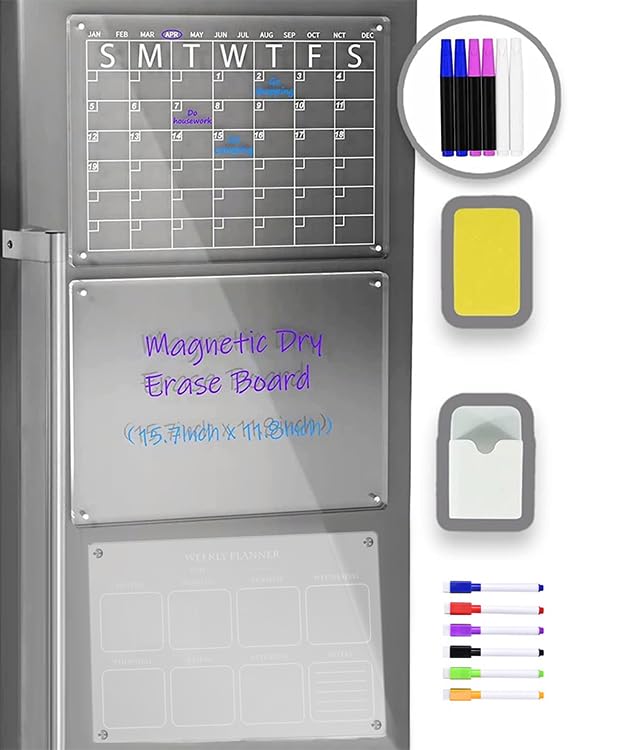 Sponsored Ad – Hcosmy 3pcs Acrylic Magnetic Monthly & Weekly Calendar and Note Board for Fridge, Clear Dry Erase Board Calendar for Fridge Reusable Planner, Includes 12 Dry Erase Markers, Eraser and Pen Holder