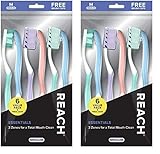 Reach Essentials Toothbrush with Toothbrush Covers, Multi-Angled Medium Bristles, Contoured Handle, Tongue Scraper, 6 Count (Pack of 2)
