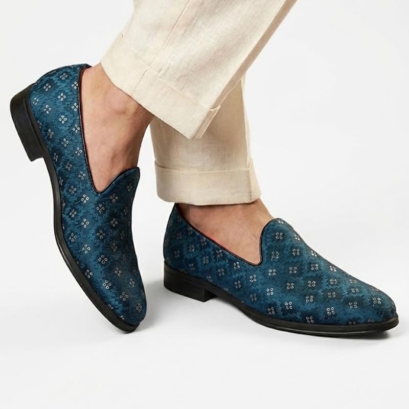 Image of FAUSTO Men Embroidered Sequin Ethnic Slip-On Juttis and Mojaris with Memory Cushioned Insole | Traditional Party Loafer Kurta Shoes for Wedding, Reception