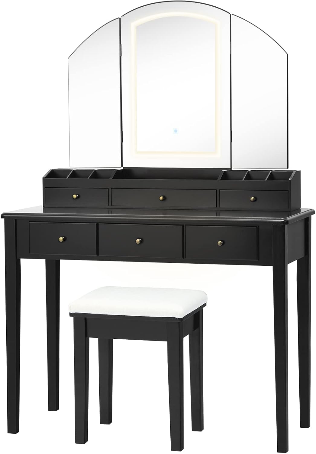 CHARMAID Makeup Vanity Desk with Lights and Mirror, Tri-Folding Lighted Mirror with 3 Color Modes, Vanity Table Set with 6 Drawers, 12 Storage Compartments & Cushioned Stool for Bedroom, Black