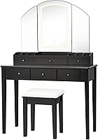 Vista 9 de CHARMAID Juego de tocador grande con espejo iluminado de tres pliegues, 3 modos de iluminación de color, 6 cajones, 12 compartimentos