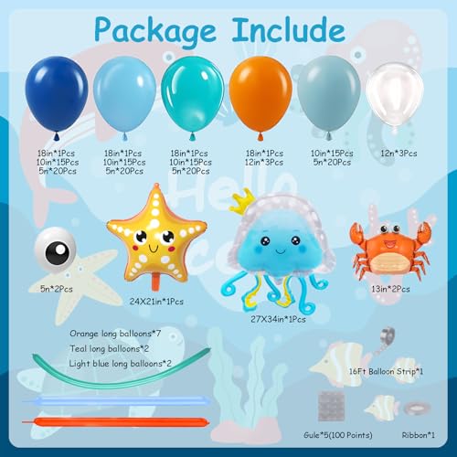 Image of DBKL Under the Sea Party Decorations, 167Pcs Under The Sea Balloon Arch Kit, Blue Teal Light Blue Orange Long Balloons Marine Animals Foil Balloon for Baby Shower Birthday Pool Party Supplies