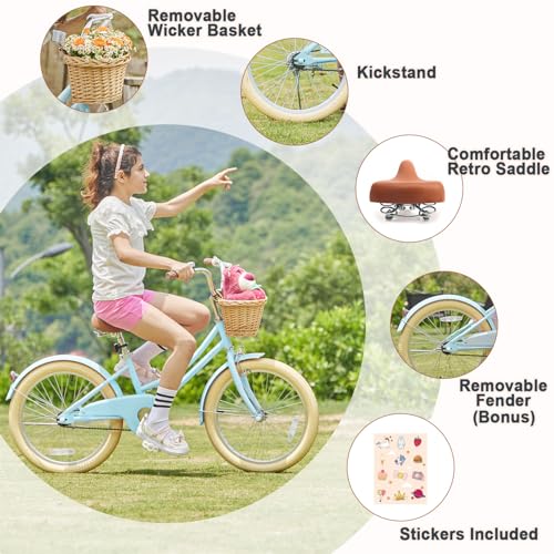 Image of Glerc Little Molly 12-20 Inch Kids Retro Cruiser Bike for 2-13 Year Old with Wicker Basket & Training Wheels /Kickstand, Multiple Colors