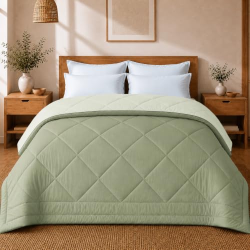 Image of King Size Comforter for Double Bed, 220 GSM Soft Microfiber AC Blanket, All Season Lightweight Reversible Bed Quilt, Premium Bedding, 90 x 100 Inch, Sage Green-Light Green