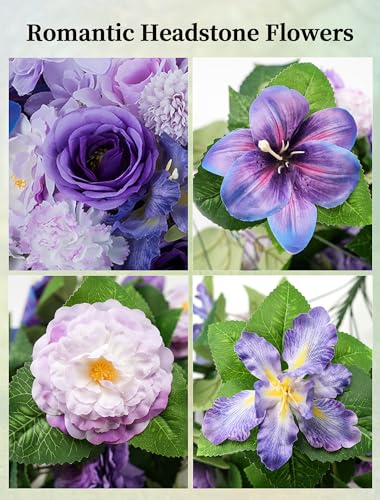 Cemetery Flower Saddles for Headstones: Purple Flowers Artificial Outdoors Grave Decorations Spring Easter Memorial Day - Fake Rose Camellia Tombstone Flowers Saddle for Cemetery G image 1