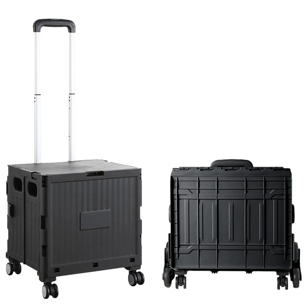 Collapsible Rolling Carts with Lid Portable Rolling Crate Handcart Shopping Trolley with Telescopic Handle 4 Wheels