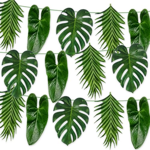 Tropical Leaf Garland Banner Decorations Pre-Strung Cardboard Monstera Palm Leaves Hanging Garland Hawaiian Luau Jungle Safari Party Decor for Summer Beach Birthday Wall Table Indoor Outdoor