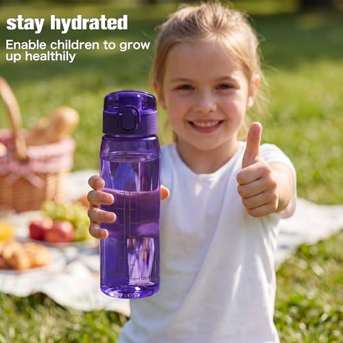 Image of GOPPUS 20oz Kids Water Bottle with Time Marker & Handle, Tritan BPA-Free, Reusable Leakproof Anti-Dust Everyday, Clear Kids Water Bottles For School,Car Travel, Gifts Boys Girls(Dark Purple)