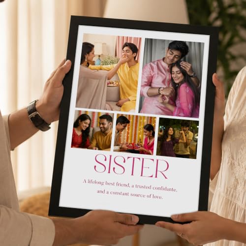Image of Art Street Personalized Gift for Sister, Dad Photo Frame | 6 Image Collage with Custom Text, Customized Photo Frame for Brother, Wall Decor for Bedroom Living Room, A4 Size 8x12 Inch