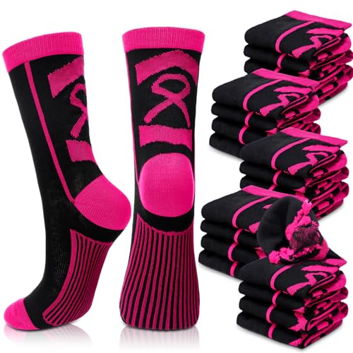 Image of Haysandy 24 Pairs Breast Cancer Awareness Socks Bulk Pink Ribbon Socks Women Football Volleyball Softball Cheer Pink Out Game