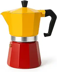 Cafeteira Italiana de Metal 6 Xícaras Moka Amarelo e Vermelho – Design Clássico, Durável e Fácil de Usar para Café Espresso Aromático em Casa ou Escritório