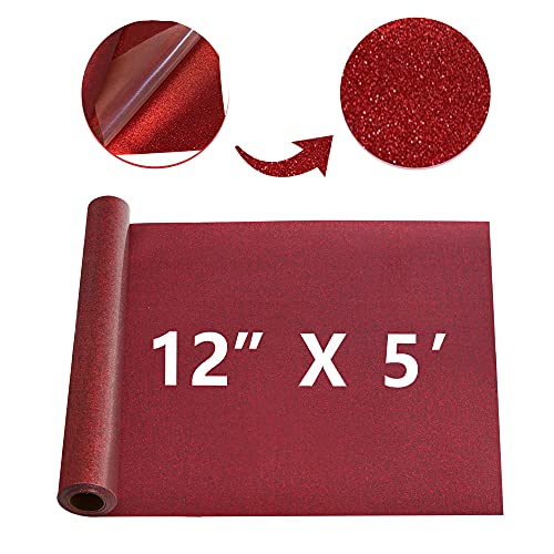 Image of RENLITONG Red Glitter HTV Heat Transfer Vinyl Rolls - 12 Inch x 5 feet Iron on Vinyl for T-Shirt and Silhouette, Easy to Cut & Weed for Heat Transfer Design (Glitter Red)