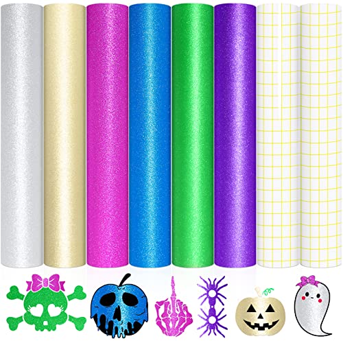 VINYL FROG Lot de 8 feuilles de vinyle adhésif scintillant,30.5x30.5 cm,6 couleurs assorties, décoration d'intérieur,Avec 2 feuilles de papier transfert Cover