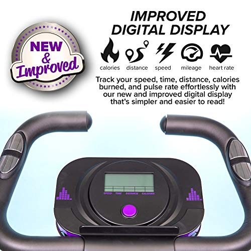 BulbHead Upgraded Slim Cycle Ultra Stationary Folding Indoor Bike with Arm Resistance Bands and Heart Monitor-Perfect Home Exercise Machine for Cardio, Purple