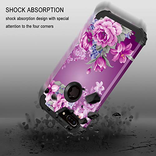 Lontect For Iphone 8 Plus Case, Iphone 7 Plus Case Floral 3 In 1 Heavy Duty Hybrid Sturdy High Impact Shockproof Protective Cover Case For Apple Iphone 8 Plus/Iphone 7 Plus, Black/Purple Flower #TOP2
