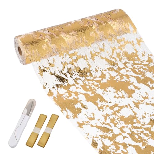 Samlonge 28cm x 20m Chemin de Table Or, Ruban de Table Métallisé Décoration avec 1 Ciseaux et 2 Rubans Chemin De Table Filet pour Mariage Fête...