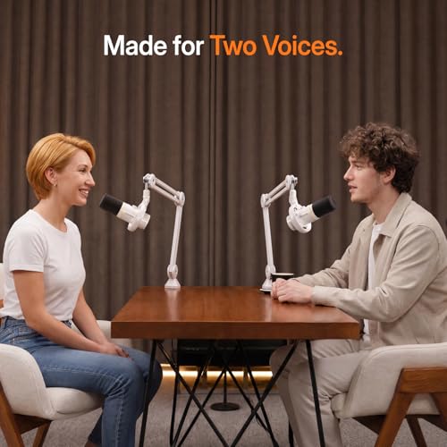 Image of MAONO PD200W Hybrid Wireless Podcast Equipment Bundle for 2, XLR USB Dynamic Microphone Kit with 2 Desktop Stand, Software, Noise Cancellation, for Co-hosted, Podcasting, Content Creation,White